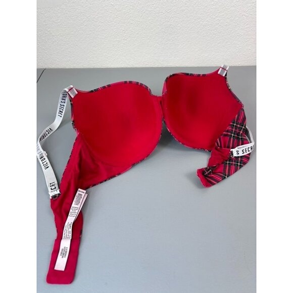 Victoria's Secret 36DD red plaid push up t-shirt bra logo strap underwire - Picture 6 of 6